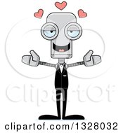 Clipart Of A Cartoon Skinny Groom Robot With Open Arms And Hearts Royalty Free Vector Illustration by Cory Thoman