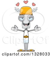Clipart Of A Cartoon Skinny Hermes Robot With Open Arms And Hearts Royalty Free Vector Illustration by Cory Thoman