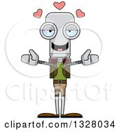 Clipart Of A Cartoon Skinny Hiker Robot With Open Arms And Hearts Royalty Free Vector Illustration