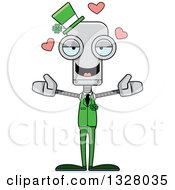 Clipart Of A Cartoon Skinny Irish St Patricks Day Robot With Open Arms And Hearts Royalty Free Vector Illustration