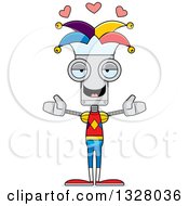 Clipart Of A Cartoon Skinny Jester Robot With Open Arms And Hearts Royalty Free Vector Illustration