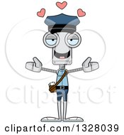 Poster, Art Print Of Cartoon Skinny Mailman Robot With Open Arms And Hearts