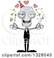 Poster, Art Print Of Cartoon Skinny Party Robot With Open Arms And Hearts