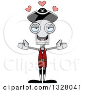 Clipart Of A Cartoon Skinny Pirate Robot With Open Arms And Hearts Royalty Free Vector Illustration