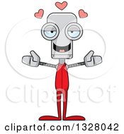 Clipart Of A Cartoon Skinny Robot In Pajamas With Open Arms And Hearts Royalty Free Vector Illustration by Cory Thoman
