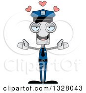 Poster, Art Print Of Cartoon Skinny Police Officer Robot With Open Arms And Hearts