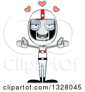 Clipart Of A Cartoon Skinny Race Car Driver Robot With Open Arms And Hearts Royalty Free Vector Illustration