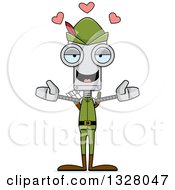 Clipart Of A Cartoon Skinny Robin Hood Robot With Open Arms And Hearts Royalty Free Vector Illustration