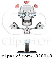 Poster, Art Print Of Cartoon Skinny Robot Scientist With Open Arms And Hearts