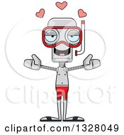 Poster, Art Print Of Cartoon Skinny Snorkel Robot With Open Arms And Hearts