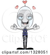 Poster, Art Print Of Cartoon Skinny Futuristic Space Robot With Open Arms And Hearts