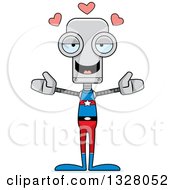 Clipart Of A Cartoon Skinny Super Hero Robot With Open Arms And Hearts Royalty Free Vector Illustration
