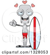 Poster, Art Print Of Cartoon Skinny Surfer Robot With Open Arms And Hearts
