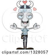 Clipart Of A Cartoon Skinny Viking Robot With Open Arms And Hearts Royalty Free Vector Illustration