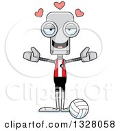 Poster, Art Print Of Cartoon Skinny Volleyball Robot With Open Arms And Hearts