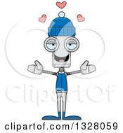Poster, Art Print Of Cartoon Skinny Winter Robot With Open Arms And Hearts