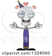 Clipart Of A Cartoon Skinny Wizard Robot With Open Arms And Hearts Royalty Free Vector Illustration