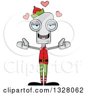 Clipart Of A Cartoon Skinny Christmas Elf Robot With Open Arms And Hearts Royalty Free Vector Illustration