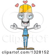 Poster, Art Print Of Cartoon Skinny Construction Worker Robot With Open Arms And Hearts
