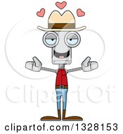 Poster, Art Print Of Cartoon Skinny Cowboy Robot With Open Arms And Hearts