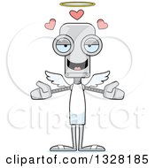 Clipart Of A Cartoon Skinny Robot Angel With Open Arms And Hearts Royalty Free Vector Illustration
