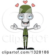 Poster, Art Print Of Cartoon Skinny Robot Soldier With Open Arms And Hearts