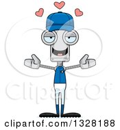 Poster, Art Print Of Cartoon Skinny Baseball Player Robot With Open Arms And Hearts