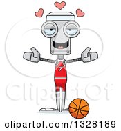 Poster, Art Print Of Cartoon Skinny Robot Basketball Player With Open Arms And Hearts