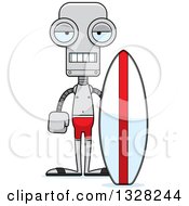 Clipart Of A Cartoon Skinny Bored Robot Surfer Royalty Free Vector Illustration