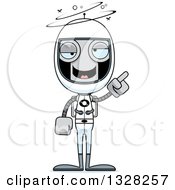 Clipart Of A Cartoon Skinny Dizzy Robot Astronaut With An Idea Royalty Free Vector Illustration