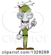 Clipart Of A Cartoon Skinny Drunk Or Dizzy Robin Hood Robot Royalty Free Vector Illustration