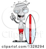Clipart Of A Cartoon Skinny Drunk Or Dizzy Surfer Robot Royalty Free Vector Illustration by Cory Thoman