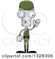 Clipart Of A Cartoon Skinny Waving Army Soldier Robot With A Missing Tooth Royalty Free Vector Illustration