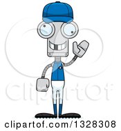 Clipart Of A Cartoon Skinny Waving Robot Baseball Player With A Missing Tooth Royalty Free Vector Illustration