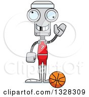Clipart Of A Cartoon Skinny Waving Robot Basketball Player With A Missing Tooth Royalty Free Vector Illustration