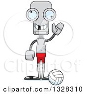 Poster, Art Print Of Cartoon Skinny Waving Beach Volleyball Robot With A Missing Tooth