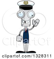 Clipart Of A Cartoon Skinny Waving Robot Boat Captain With A Missing Tooth Royalty Free Vector Illustration