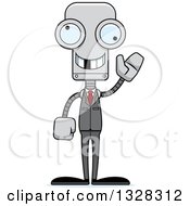 Clipart Of A Cartoon Skinny Waving Business Robot With A Missing Tooth Royalty Free Vector Illustration