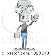 Clipart Of A Cartoon Skinny Waving Casual Robot With A Missing Tooth Royalty Free Vector Illustration