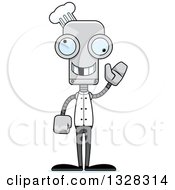 Clipart Of A Cartoon Skinny Waving Chef Robot With A Missing Tooth Royalty Free Vector Illustration