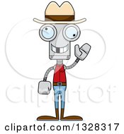 Clipart Of A Cartoon Skinny Waving Robot Cowboy With A Missing Tooth Royalty Free Vector Illustration