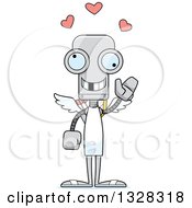 Clipart Of A Cartoon Skinny Waving Robot Cupid With A Missing Tooth Royalty Free Vector Illustration