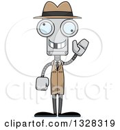 Clipart Of A Cartoon Skinny Waving Robot Detective With A Missing Tooth Royalty Free Vector Illustration