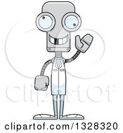 Clipart Of A Cartoon Skinny Waving Robot Doctor With A Missing Tooth Royalty Free Vector Illustration