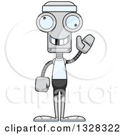 Clipart Of A Cartoon Skinny Waving Fit Robot With A Missing Tooth Royalty Free Vector Illustration