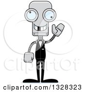 Clipart Of A Cartoon Skinny Waving Robot Groom With A Missing Tooth Royalty Free Vector Illustration