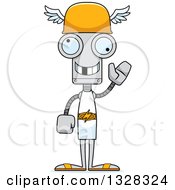 Clipart Of A Cartoon Skinny Waving Hermes Robot With A Missing Tooth Royalty Free Vector Illustration