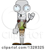 Clipart Of A Cartoon Skinny Waving Robot Hiker With A Missing Tooth Royalty Free Vector Illustration by Cory Thoman