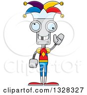 Clipart Of A Cartoon Skinny Waving Robot Jester With A Missing Tooth Royalty Free Vector Illustration by Cory Thoman