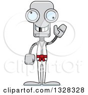 Clipart Of A Cartoon Skinny Waving Karate Robot With A Missing Tooth Royalty Free Vector Illustration